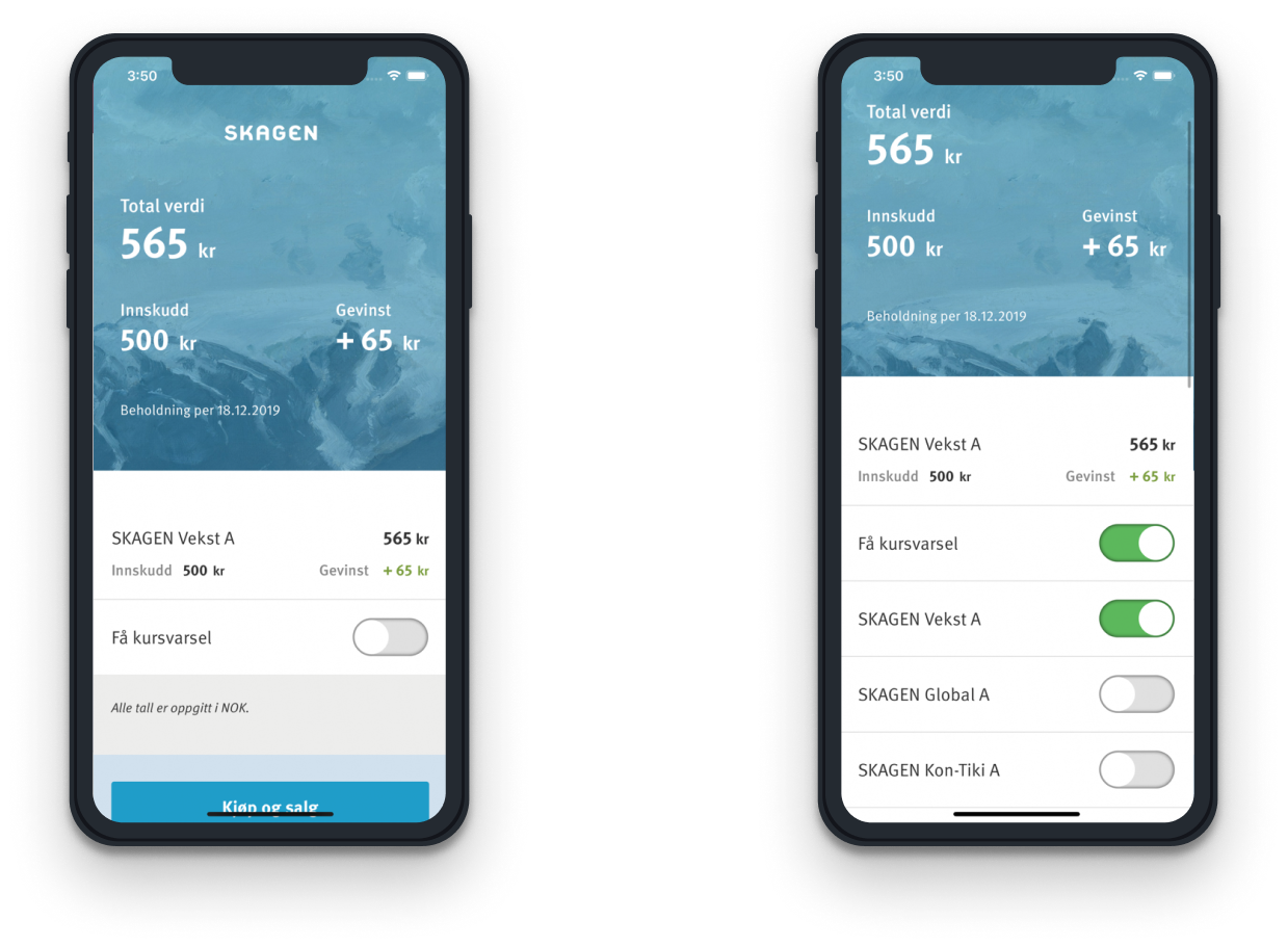 Skjermbilder fra Skagen Fondene app