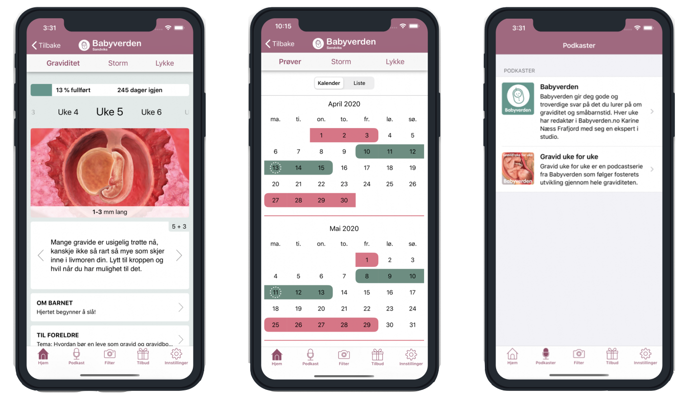 Skjermbilder fra Babyverden-appen